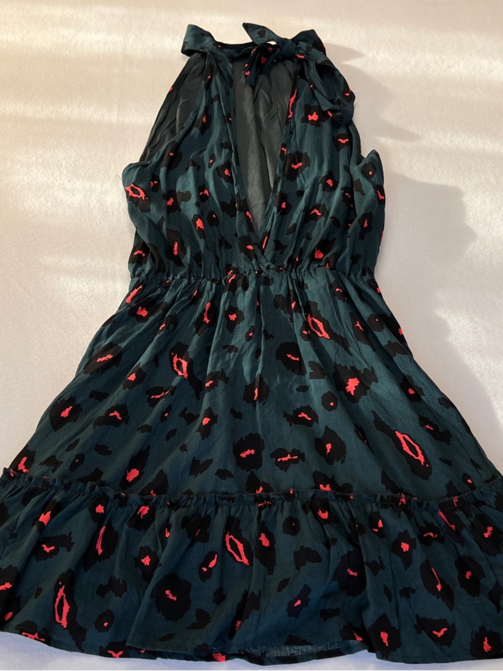 Womens Green Leopard Print Halter Neck Dress Sleeveless Ruffle Hem Mini Summer - Picture 5 of 6